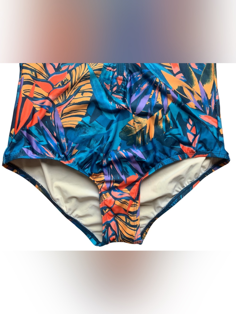ModCloth Teal Tropical Print One-Piece Zipper Swimsuit Modest Classic Hip Small - Picture 4 of 7